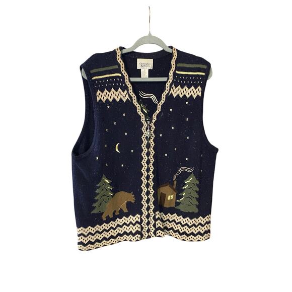 Vintage Christopher & Banks Cabin Scene Knit Sweater Vest XL Bear Trees Stars - Picture 1 of 6